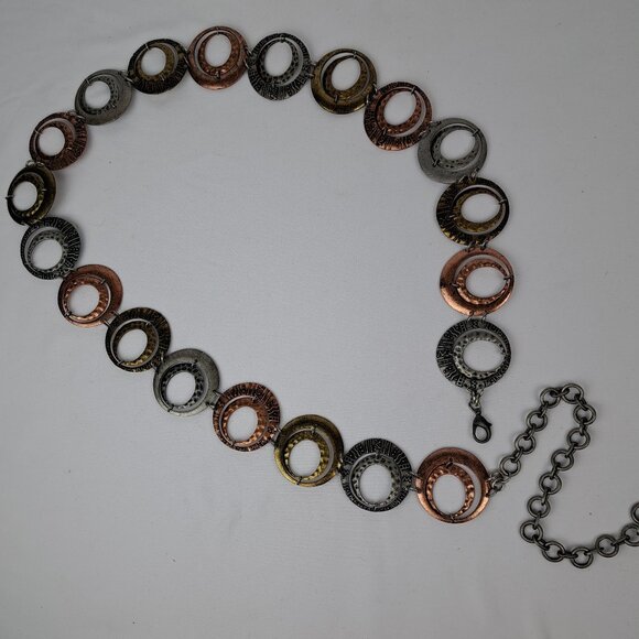 Boho Multi Tone Metal Hoop Chain Belt w/ Silver, Copper, Brass Tone Double Hoops - Picture 1 of 16
